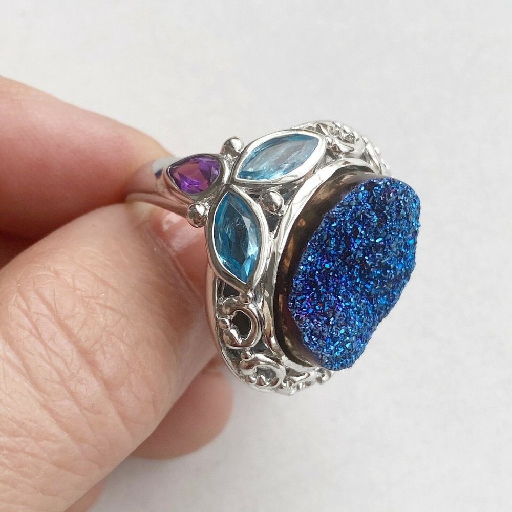 Sterling Silver Druzy Ring Amethyst Blue Topaz 7 1/4